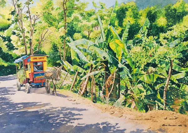Horse-drawn cart on a tropical road — photographed painting.