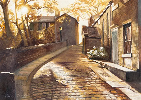 Sunlit cobblestone street.