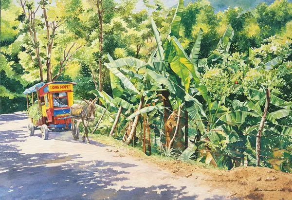Horse-drawn cart on a tropical road.