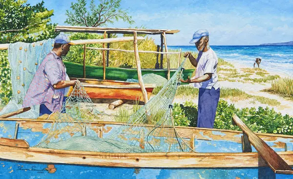 Two people beside fishing boats.
