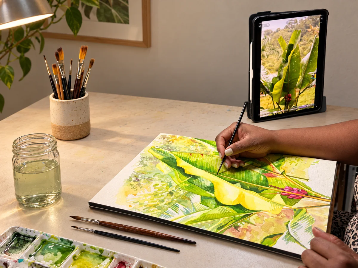 Hands painting tropical leaves at a sunlit table, with brushes, a water jar, paints and an iPad showing a botanical reference.